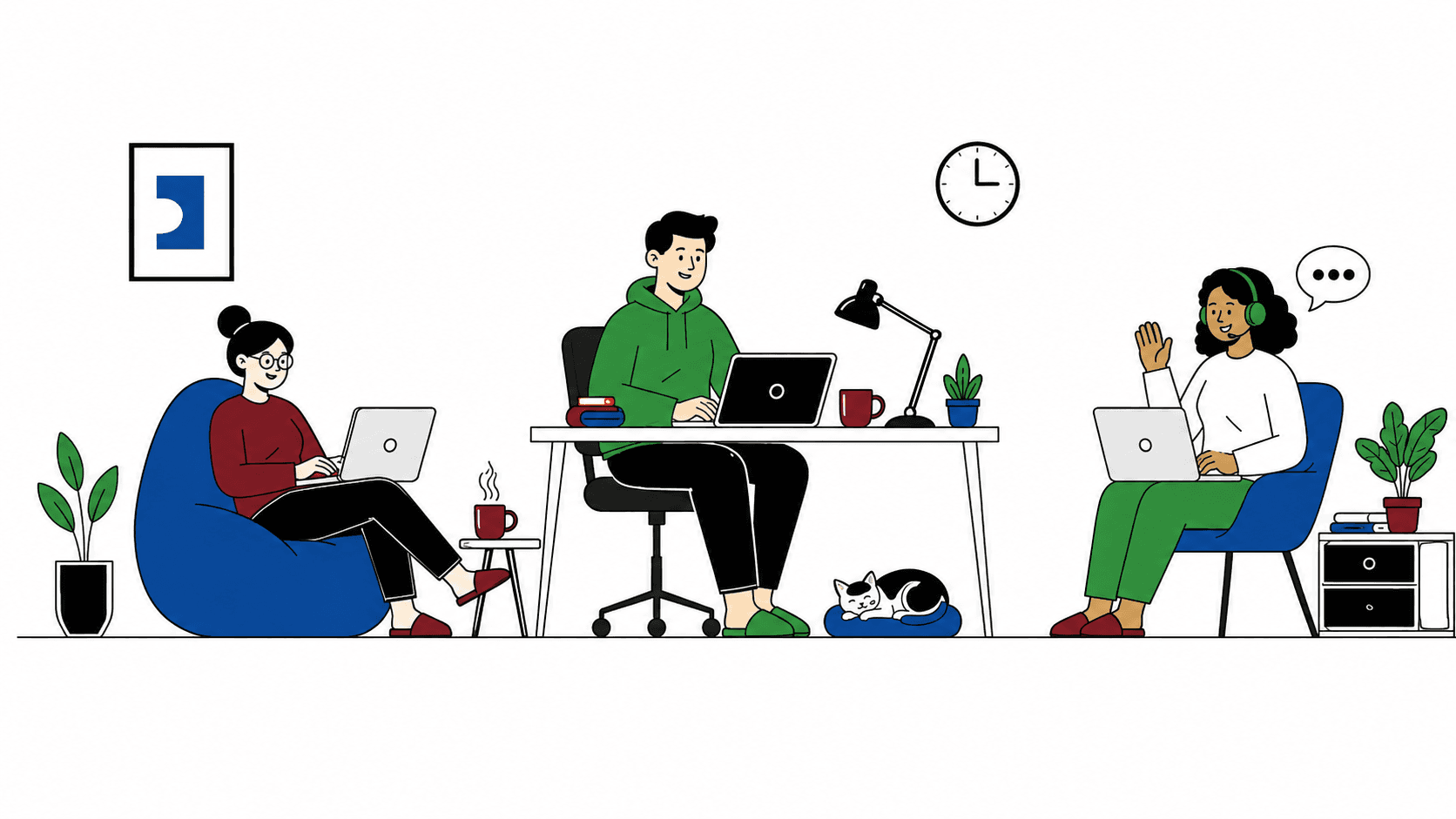 Home-based customer support agents working on laptops